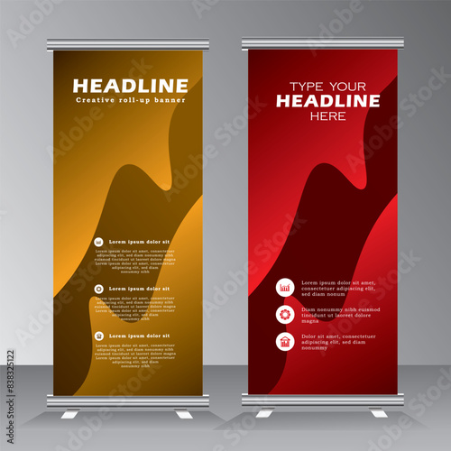 business roll up banner design, roll up banner template with abstract shape, Brown and red colour roll up banner, vertical banner template, vector