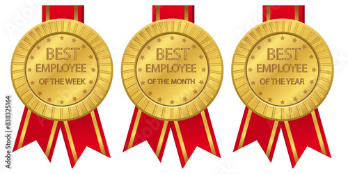 Best employee of the week. Best employee of the month. Best employee of the year. Set of gold medal illustration. Best worker employee. talent award. Badge with Ribbon. first place concept