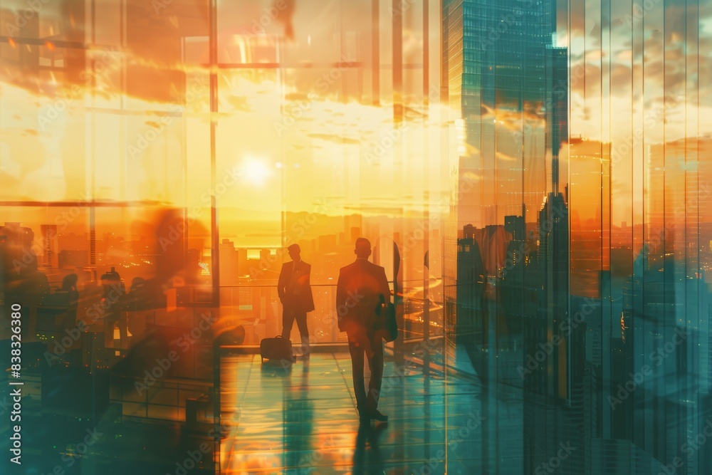 Businessman with hyper realistic hair, overcrowded money bank building stocks data and city, blurry blurry background.