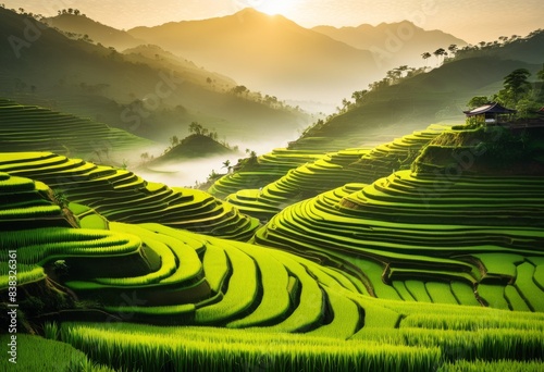 serene rice terraces embraced morning mist, agriculture, asian, asia, beautiful, beauty, countryside, crop, cultivation, daybreak, dawn, early, environment