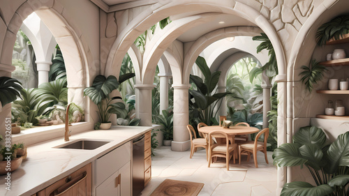 Ultra realistic  photo of Modern take on  rivendell and lothlorien inspired small condo white cream stone  light wood round arches interor view of kitchen   tropical foliage
