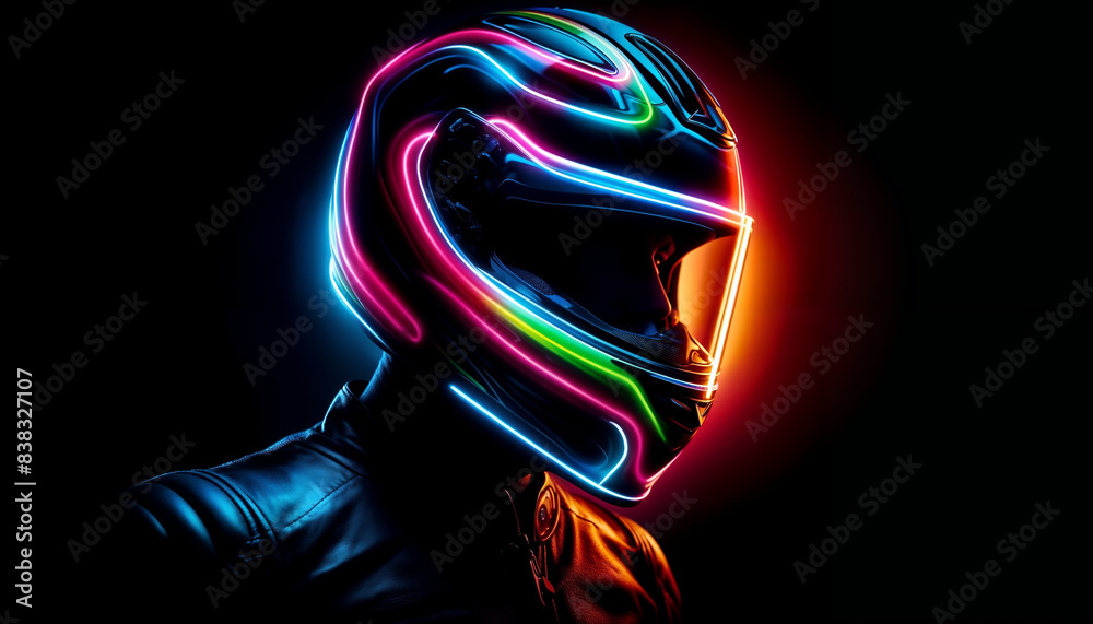 Naklejka premium Neon Motorcycle Helmet With Colorful Lights at Night