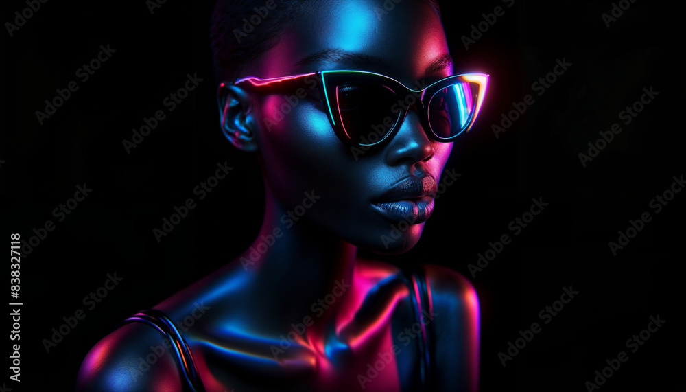 Black Woman Wearing Cat Eye Sunglasses Under Pink and Blue Neon Lights Black Woman Wearing Cat Eye Sunglasses Under Pink and Blue Neon Lights