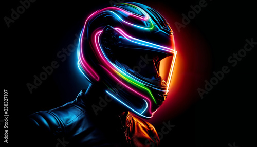 Neon Motorcycle Helmet With Colorful Lights at Night