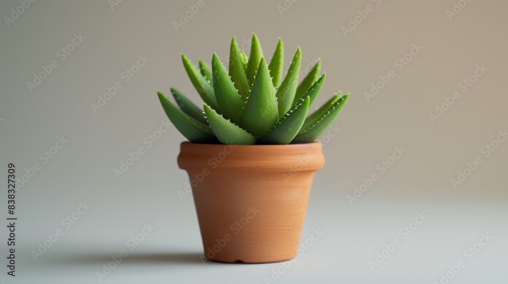 Close-up of a healthy Aloe Vera plant in a terracotta pot, emphasizing its detailed texture and vibrant green color.