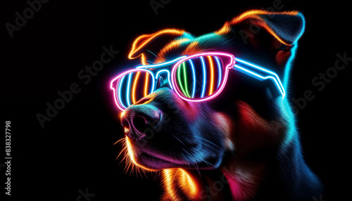 Dog Wearing Neon Sunglasses In Black Background