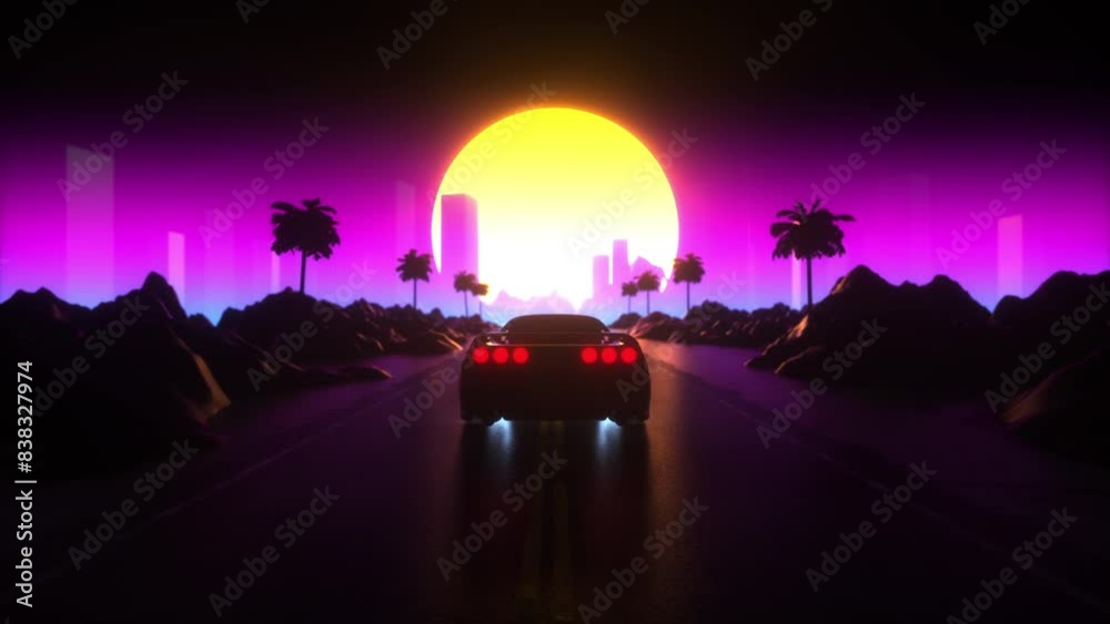 Synthwave, car driving in an ocean of retro vibes with sunset view. Holographic skyscraper background. Cityscape neon light cyberspace. Metaverse. Retro 80s style, skyline. Loop