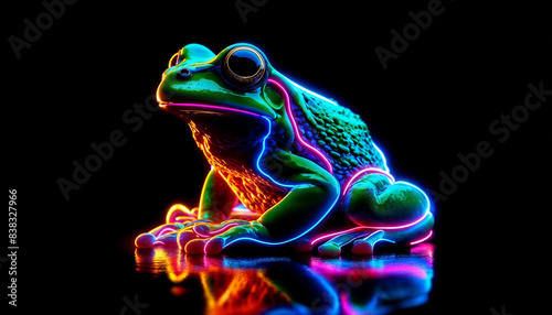 Neon Green Frog Sitting On Black Background
