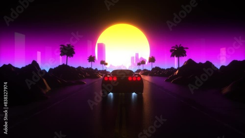 Synthwave, car driving in an ocean of retro vibes with sunset view. Holographic skyscraper background. Cityscape neon light cyberspace. Metaverse. Retro 80s style, skyline. Loop