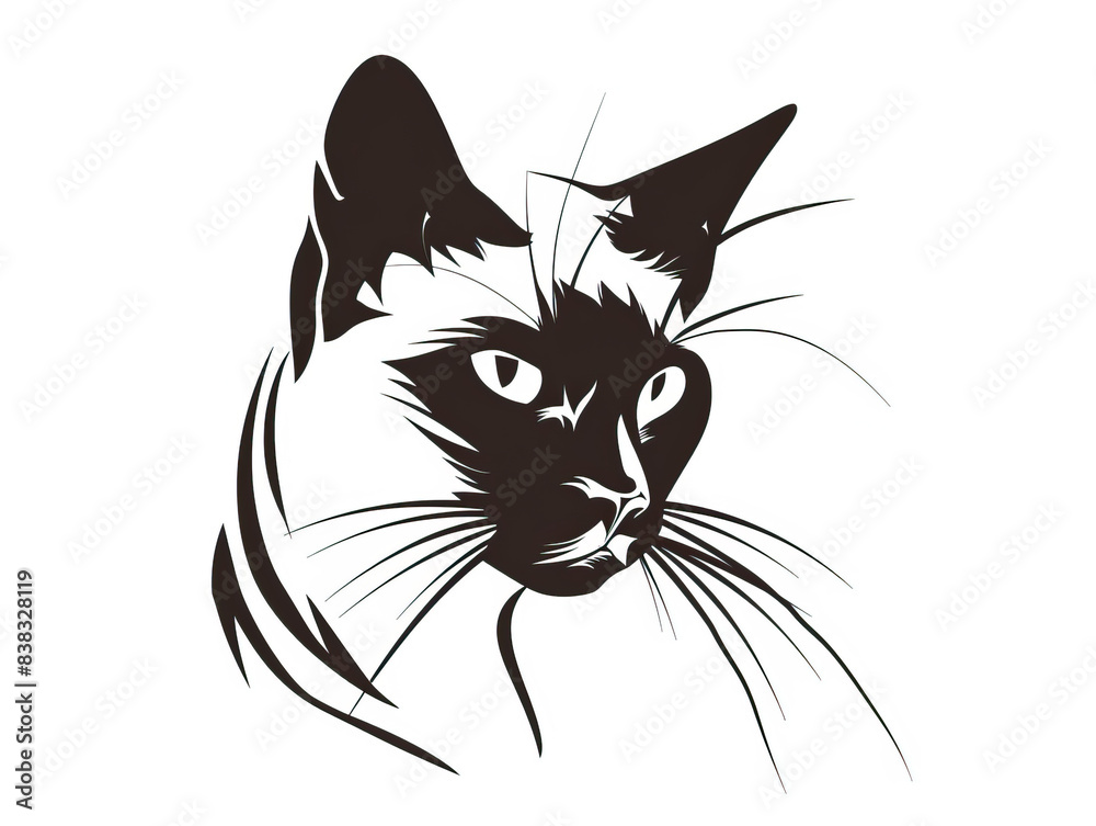 Obraz premium Simple, clear, beautiful arts and crafts artisanal stencil print style illustration of Siamese cat isolated, white background. Stencilled graphic design, modern, minimalist, black and white