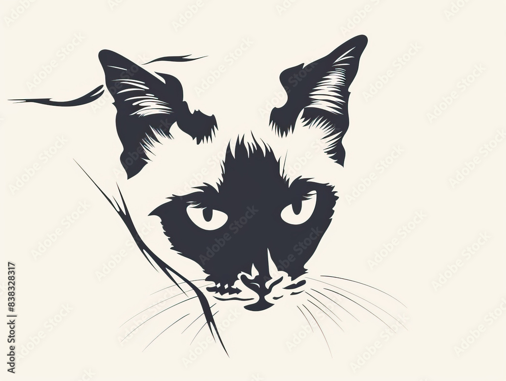 Simple, clear, artisanal stencil print style illustration of Siamese cat isolated on white background. Stencilled graphic design, modern, minimalist, trendy, product
