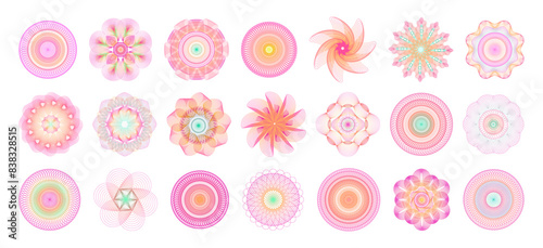 Spiral icons. Gradient color seals. Circular line signs. Watermark shapes. Guilloche pattern. Mandala circles. Optical illusion ornament. Abstract geometric forms. Vector stamps set
