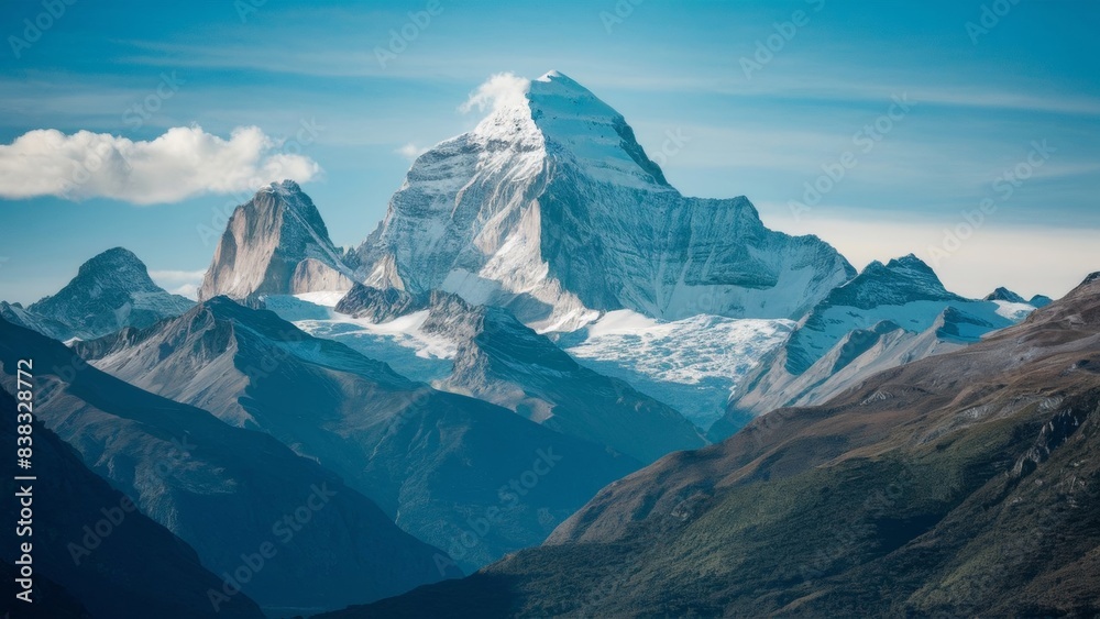 Fototapeta premium The Fitz Roy Mountains in Patagonia, which depicts a towering peak against a clear blue sky. The snow-capped peak contrasts with the lush green valleys, creating a visually striking picture.