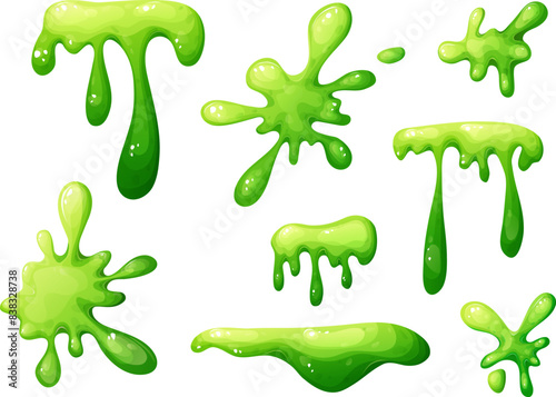 Splat slime mucus. Sticky liquid goo spots and blobs. Colorful jelly cartoon snot and smudges. Vector illustration isolated on white background