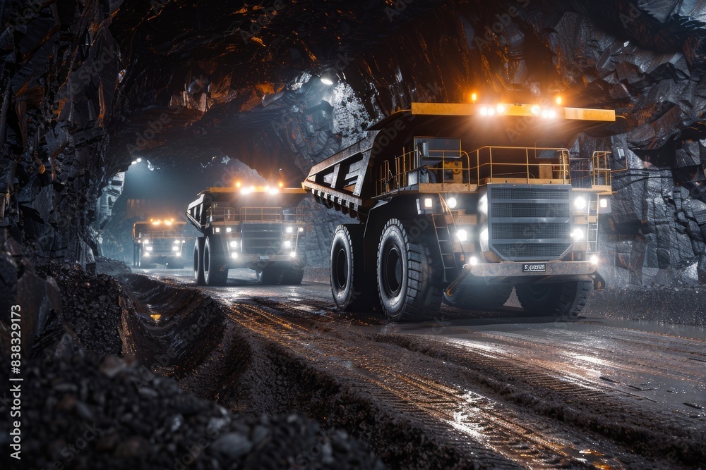 Tunnel pit mine industry, blurred image of a large yellow truck for mining coal or anthracite. Tunnel pit mine industry, blurred image of a large yellow truck for mining coal or anthracite.