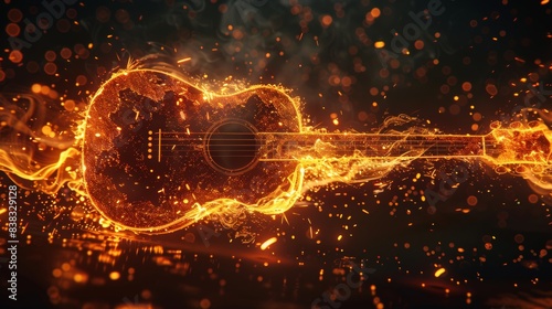 Glowing Guitar in Fiery Sparks. A dramatic representation of a guitar enveloped in fiery sparks, symbolizing passion and the power of music photo