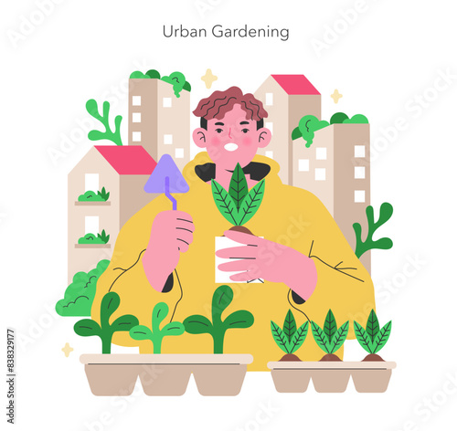 Maker Culture concept A gardener nurtures city greenery, harmonizing urban life with nature through urban gardening Flourishing foliage against a cityscape Vector illustration
