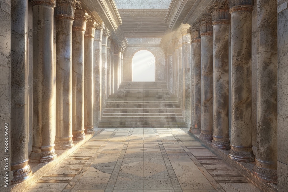 3D rendering of a fantasy ancient hall with columns and stairs. Fantasy background scene of a corridor. Fantasy architectural style.