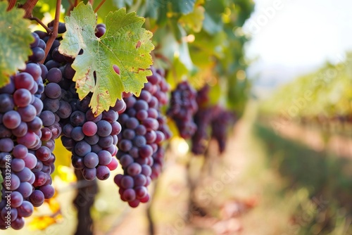 Sunny vineyard with ripe purple grapes hanging on a vine, ready for harvest. Beautiful grape clusters in a sunlit countryside setting.