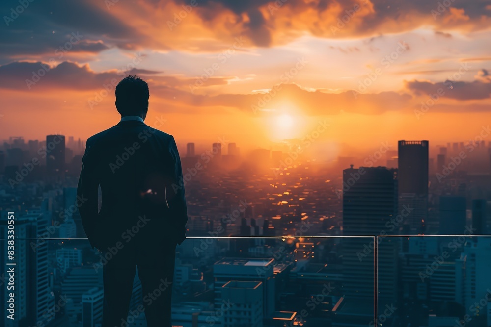 Fototapeta premium A businessman views the city at dawn, Generative AI.