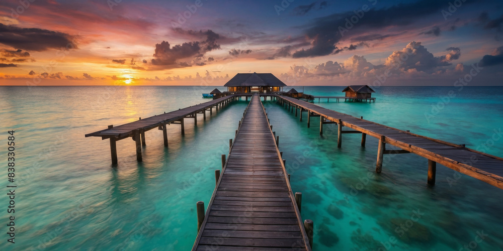 Fototapeta premium Panoramic view of the resort, turquoise water, beautiful sky, platform to the hotel.