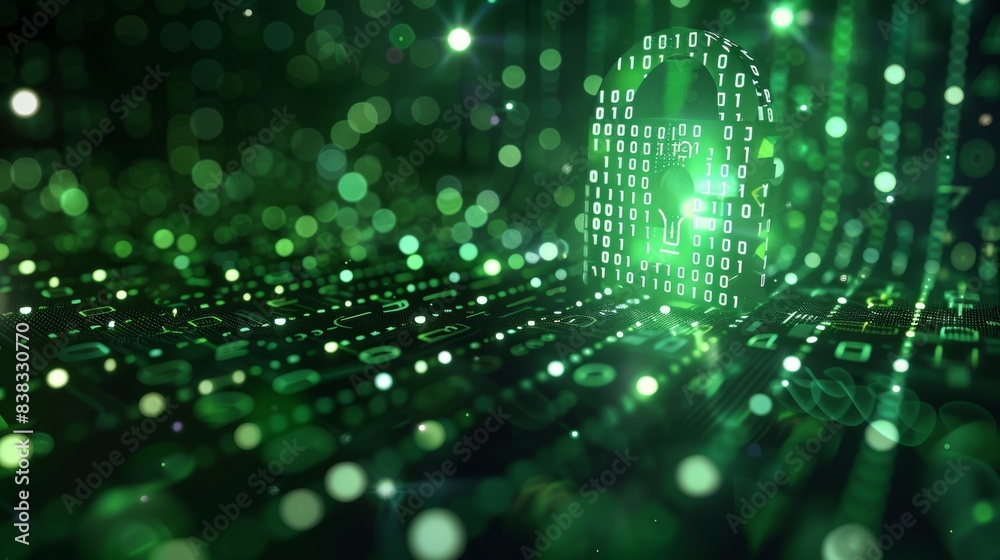 A symbolic green illustration of a digital lock with binary code, representing encryption and data security. A symbolic green illustration of a digital lock with binary code, representing encryption and data security.