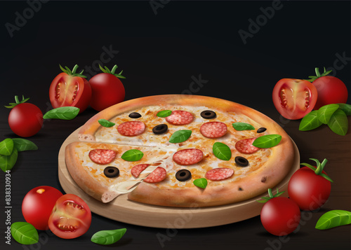Pizza ad. Restaurant menu. Pepperoni delivery. Italian food. Cooking ingredients. Basil leaves or tomato slices. Realistic bakery meal. Cheese and ketchup. Vector pizzeria template