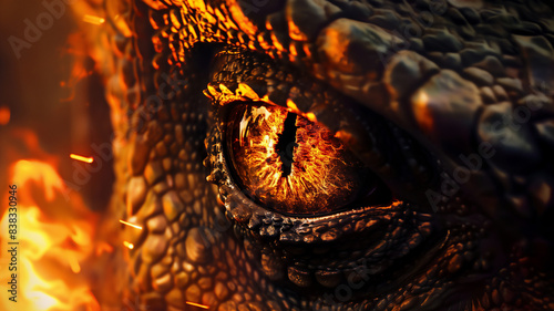 Dinosaur's eye in fire. Cinematic monster face