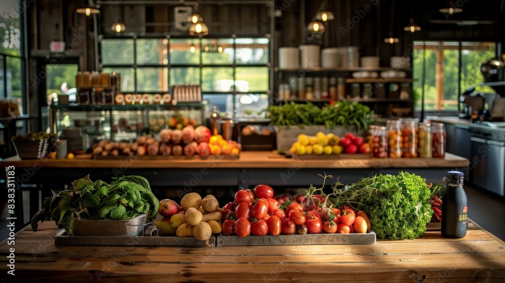 Farm-to-Table Dining: Illustrate a farm-to-table dining experience with fresh produce, rustic tables, and an open kitchen,