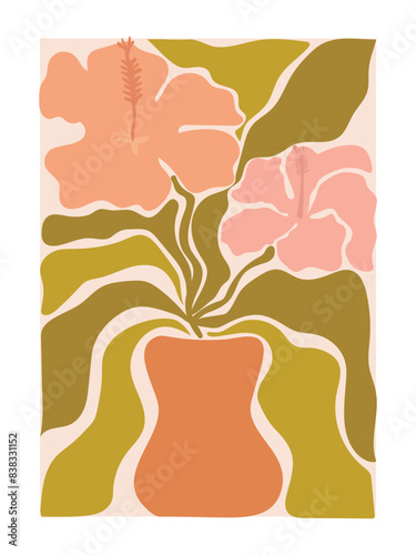 Abstract floral print in naive art style. Trendy retro poster with hibiscus flowers and leaves on 70s style. Vector groovy background for wall print.