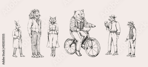 Vintage animals. Anthropomorphic mammals. Sketch art. Rabbit character. Bear on bike. Hare retro drawing. Bicycle wheel. Cat in dress and shoes. Courier delivery. Vector portraits set