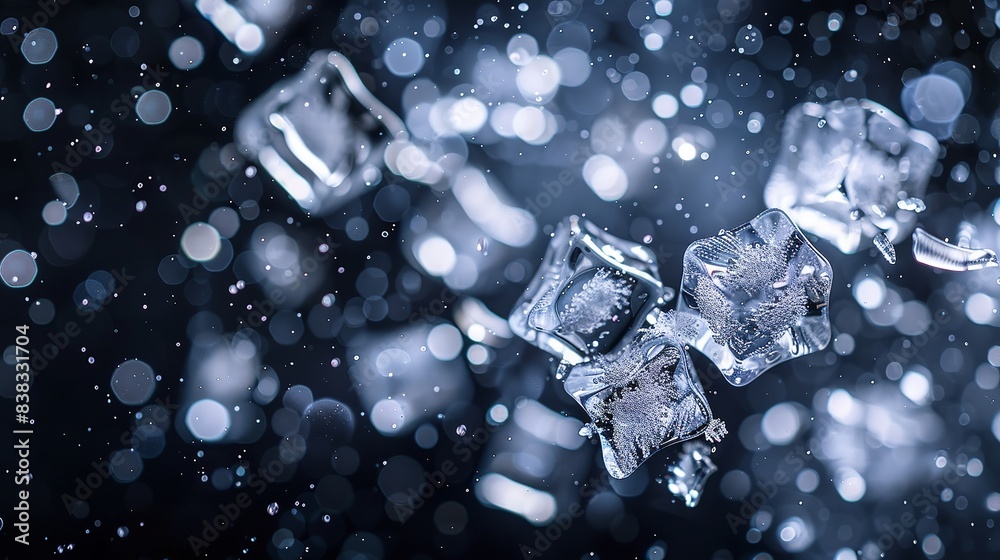 a collection of ice cubes suspended in midair over a dark, hazy light background, Generative AI. a collection of ice cubes suspended in midair over a dark, hazy light background, Generative AI.