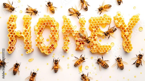 Close-up of the word honey spelled out in honeycomb. There are bees on and around the honeycomb letters. On a white background. AI. photo