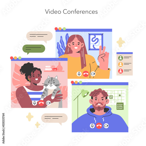 Video Conferences illustration Colleagues connect in a virtual space, sharing a moment of work and companionship with their pets, enhancing the home office experience Vector illustration