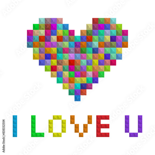 Colorful heart. Colorful squares. Pixel art style.