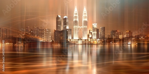 Nighttime holographic panorama of Kuala Lumpurs tech hub showcasing scientific programming. Concept Tech Hub, Holographic Panorama, Kuala Lumpur, Nighttime, Scientific Programming photo