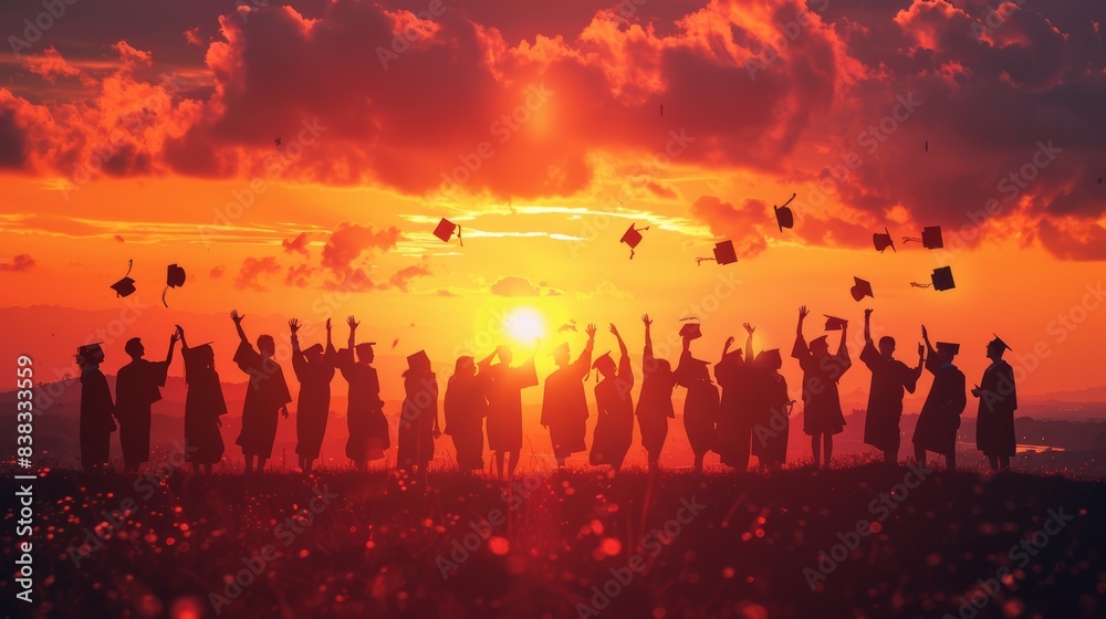 A group of graduates throwing their caps in the air at sunset, celebrating their achievements joyfully. A group of graduates throwing their caps in the air at sunset, celebrating their achievements joyfully.
