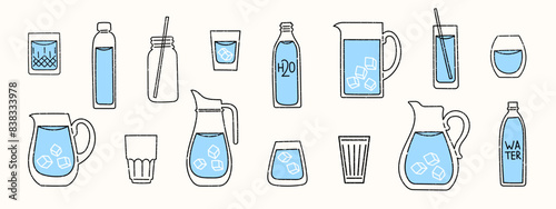 Water icons. Drink bottle. Glass jug and cup with straw. Blue ice. Nature health sign. Doodle flask. Cold beverage. Environment and healthy recycle. Refreshing liquid. Vector symbols set