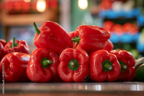 red bell peppers, A group of red peppers arranged on a table, showcasing their glossy and vibrant appearance. The image captures the rich colors and smooth textures of the peppers with perfect lightin photo