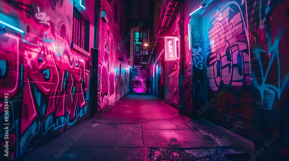 Vibrant Neon-Lit Urban Alleyway with Colorful Graffiti and Glowing Signs Vibrant Neon-Lit Urban Alleyway with Colorful Graffiti and Glowing Signs