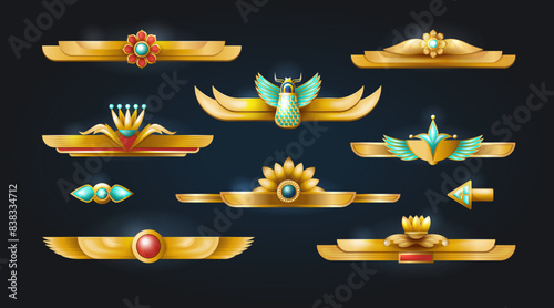 Egypt game frames. Egyptian symbols. Ancient gold UI. Anubis ornament. Scarab and jewel flowers. Scroll dividers. Golden metal and gemstones. Vector antique decoration elements set