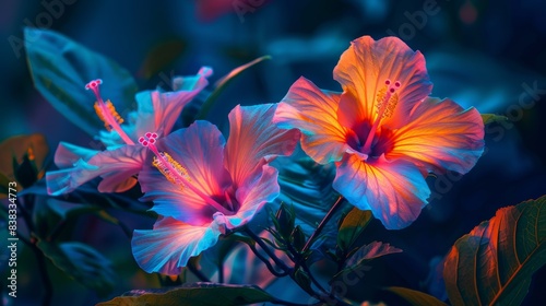 On a dark background, hibiscus flowers are seen in a dynamic light and colorful fantasy.
