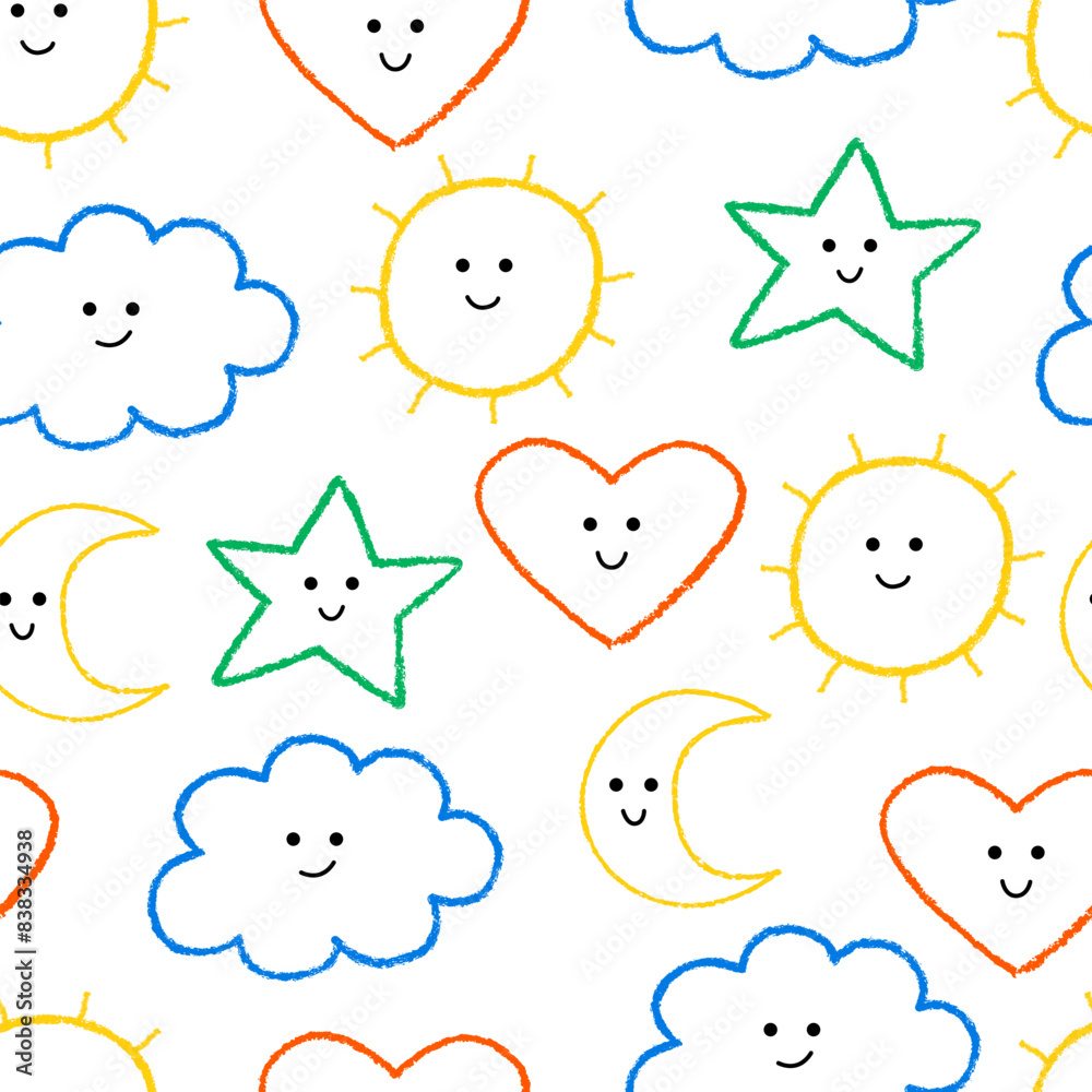 Seamless pattern with abstract simple organic shapes of heart, stars, sun and clouds. Vector outline background with crayon colorful quirky doodles Seamless pattern with abstract simple organic shapes of heart, stars, sun and clouds. Vector outline background with crayon colorful quirky doodles