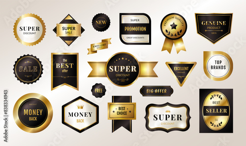 Premium label. Gold icon. Award or banner tag. Product brand logo or promotion stamp. Sale seal for luxury quality certificate. Super discount badge. Vector shopping shiny symbols set