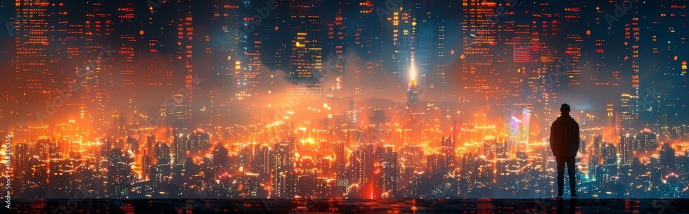 Futuristic Cityscape at Night with Solitary Figure Overlooking Urban Glow