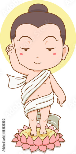The baby Buddha was walking with lotus flower supporting his feet. Point his finger up to the sky and down to the ground.