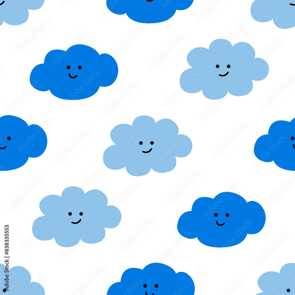Obraz premium Cute childish seamless pattern with clouds and happy faces. Vector flat background 