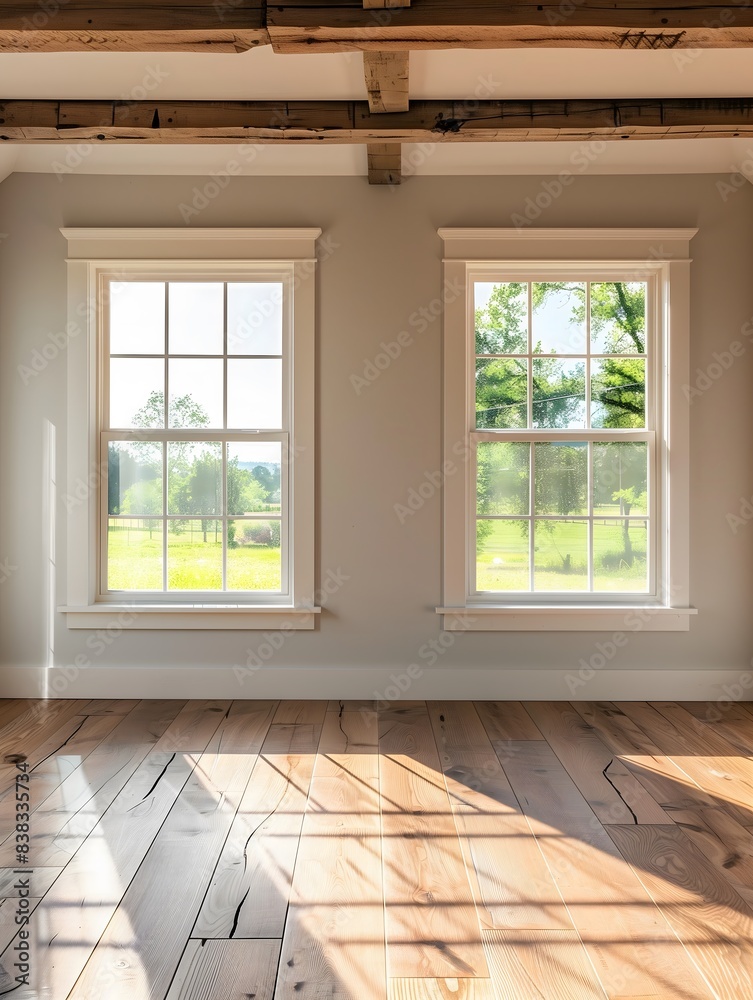 A bright, spacious room with large windows showcasing a picturesque view of a green field and trees. Natural light fills the room, highlighting the warm wood beams and the beautiful hardwood floors.AI A bright, spacious room with large windows showcasing a picturesque view of a green field and trees. Natural light fills the room, highlighting the warm wood beams and the beautiful hardwood floors.AI