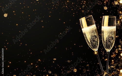 Elegant toast with champagne glasses clinking, sparkling confetti, and golden lights on a black background, offering ample whitespace for custom additions. Festive celebration and luxury concept.