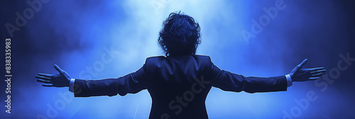 a master of ceremonies, surrounded by fog, presents a show with open arms